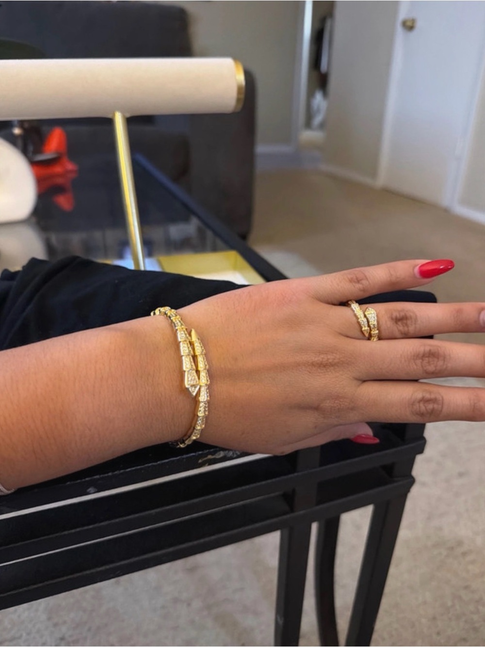 Elegant Gold-Plated Pavé Bracelet with Matching Ring Set
